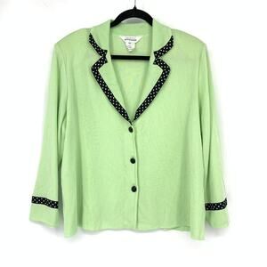 Exclusively Misook Cardigan Sweater Womens Size XL Light Green Polka Dot Trim